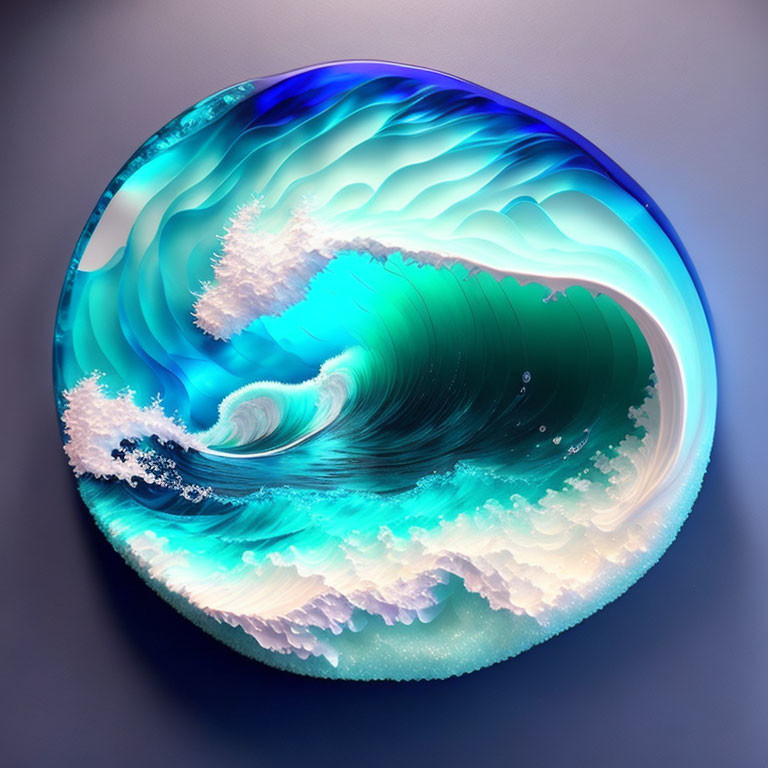 Detailed 3D circular artwork of stylized ocean wave in blue and white