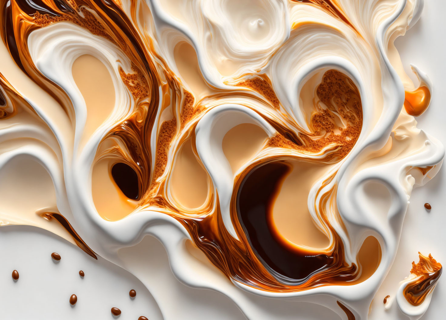 Abstract Swirl of Coffee and Milk with Scattered Coffee Beans