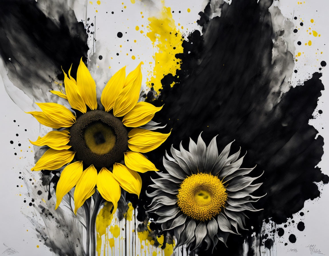 Colorful Sunflower Painting on Dramatic Black and White Background