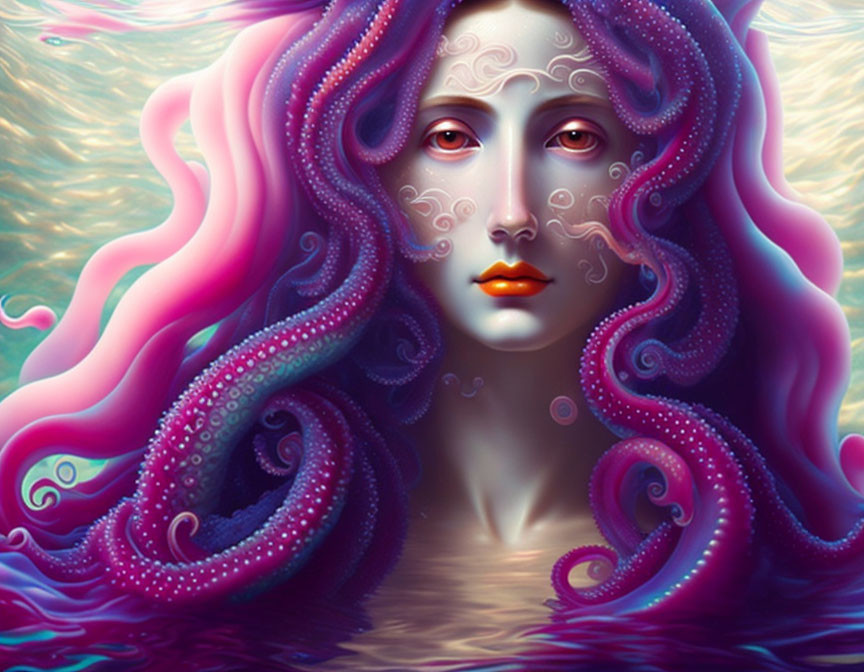 Surreal image of woman with tentacle-like hair and aquatic-human fusion.