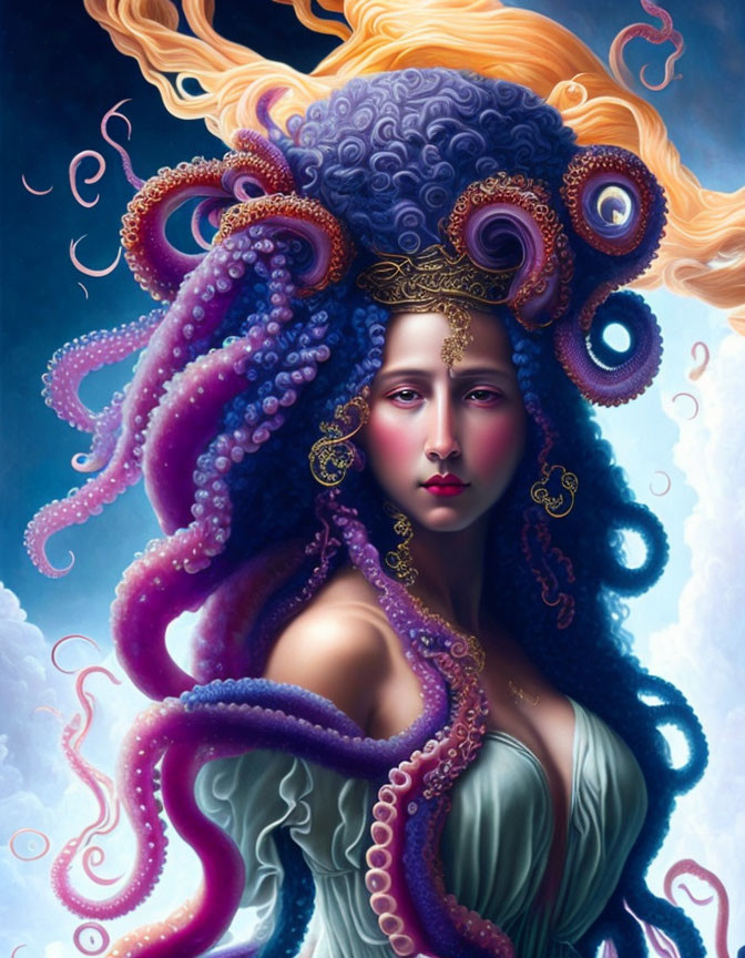 Surreal portrait: Woman with octopus tentacles hair in cloud blend