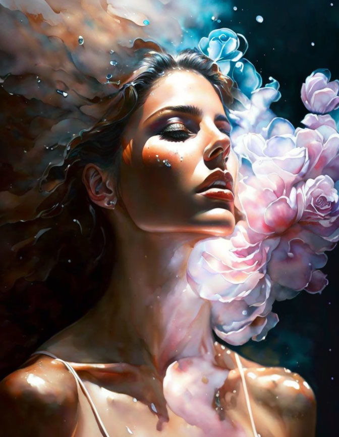 Woman with closed eyes surrounded by water and flowers under soft light
