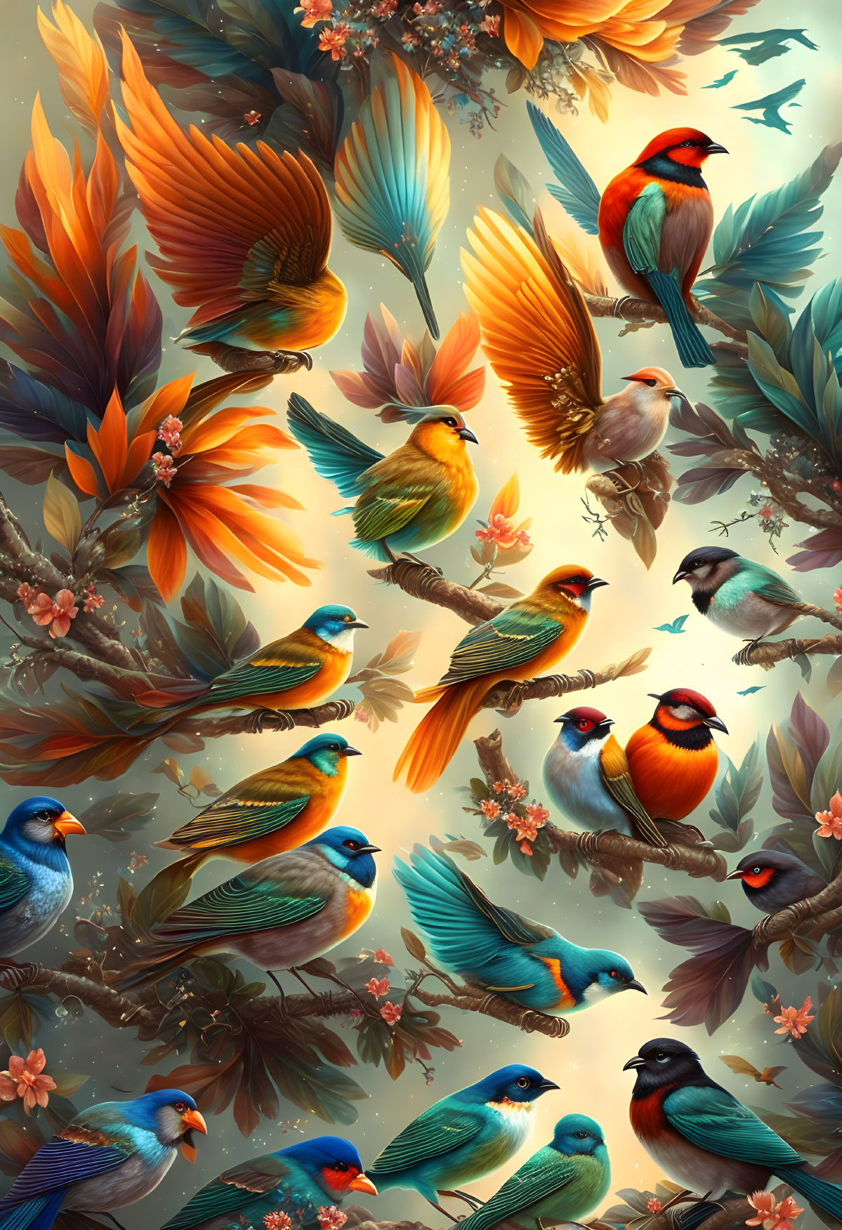 Colorful Birds Illustration: Flight and Perched on Branches in Vibrant Scene