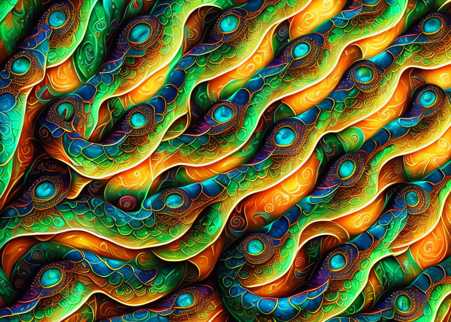 Colorful fractal pattern with blue, green, orange, and gold hues reminiscent of peacock feathers