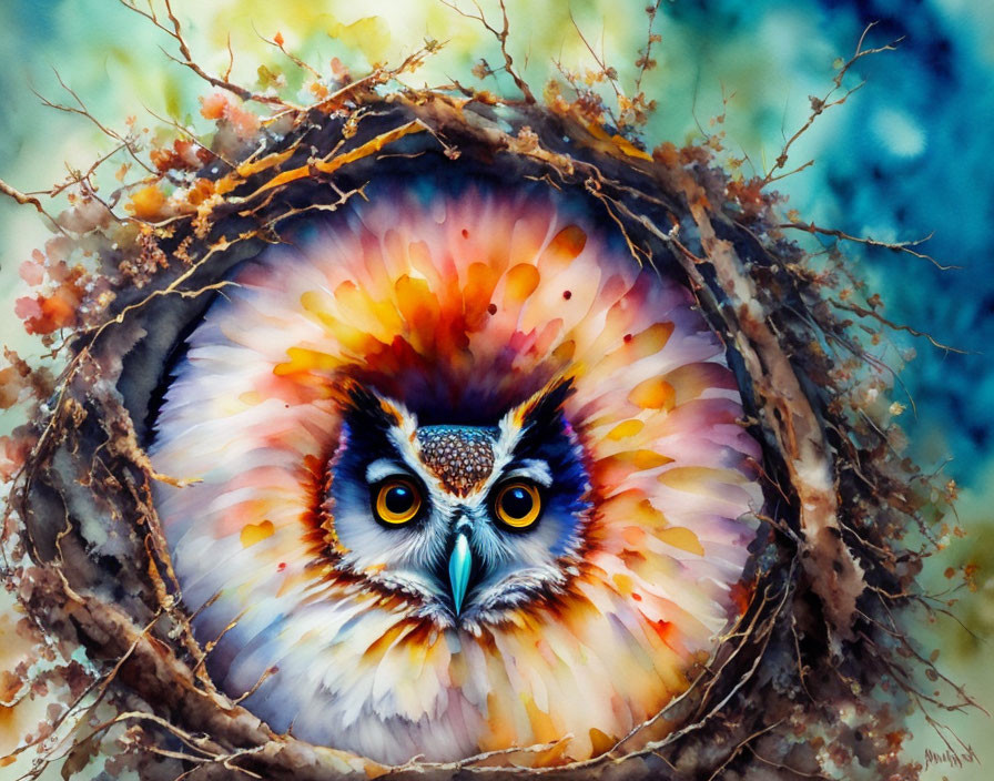 Colorful Owl Nest Painting with Abstract Floral Patterns