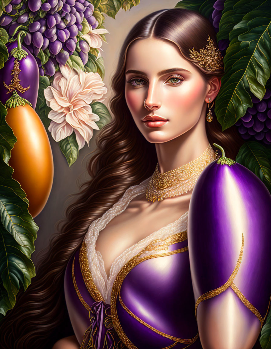 Woman with Long Hair and Gold Accessories Surrounded by Purple Fruits and Green Leaves in Purple and Gold