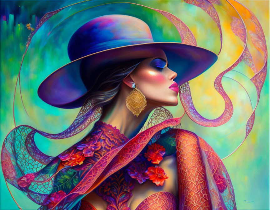 Colorful illustration of woman in wide-brimmed hat & floral outfit against abstract backdrop
