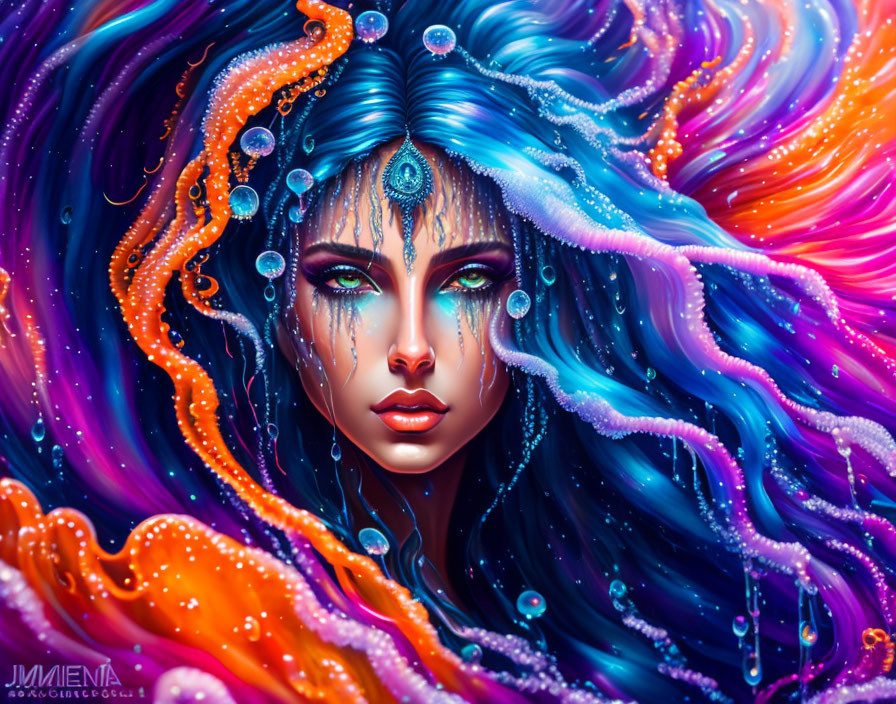 Digital artwork: Woman with blue features in swirling, colorful hair.
