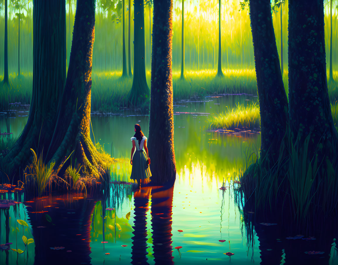 Woman in Dress by Serene Forest Lake with Sunbeams