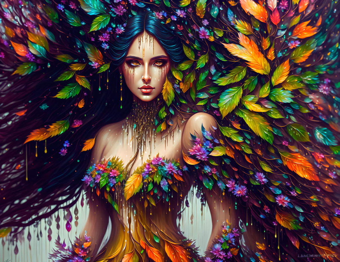 Colorful digital artwork: Woman with leafy, flowery hair