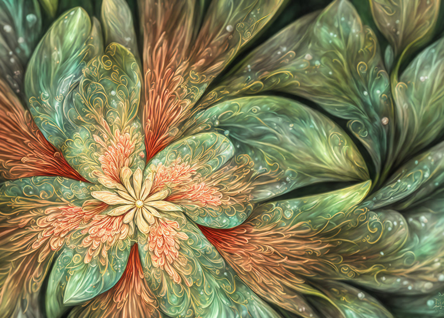 Intricate Floral Fractal Design in Green, Orange, and Cream