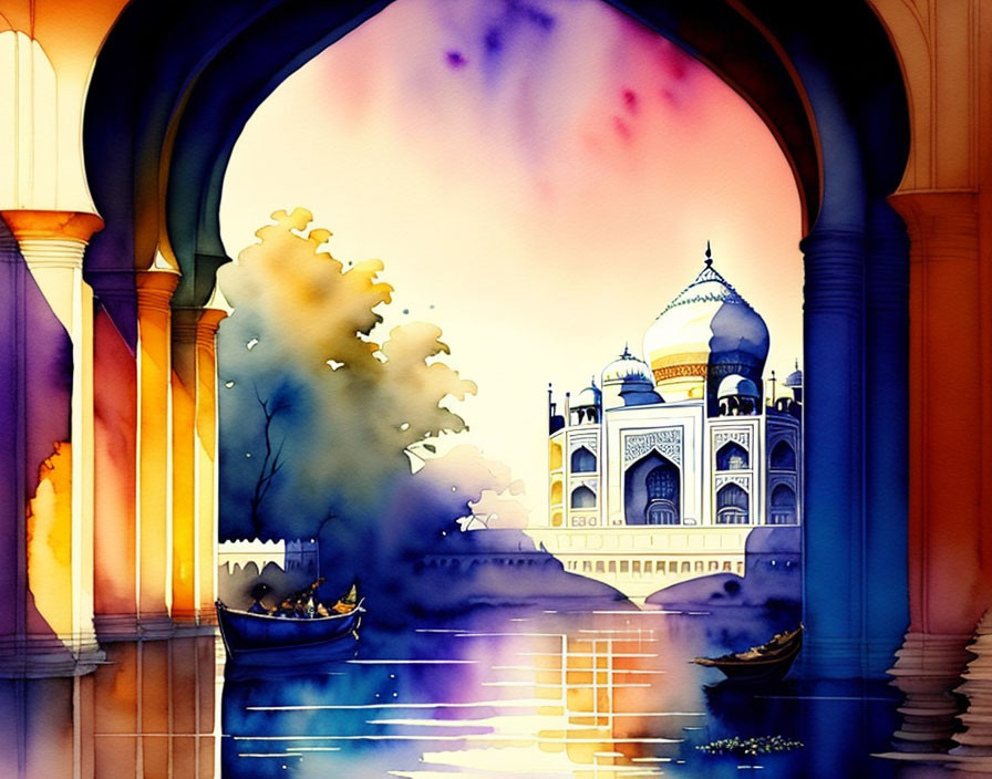 Taj Mahal watercolor painting with reflections, trees, boats, and arches