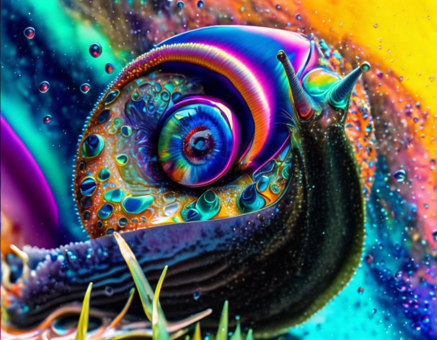 Colorful digital artwork: stylized snail with swirling patterns on rainbow background