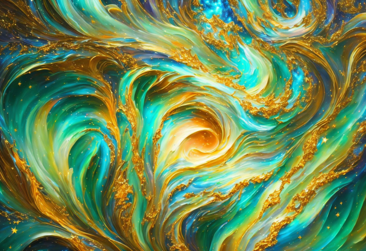 Abstract Blue and Gold Swirls with Cosmic Starry Texture