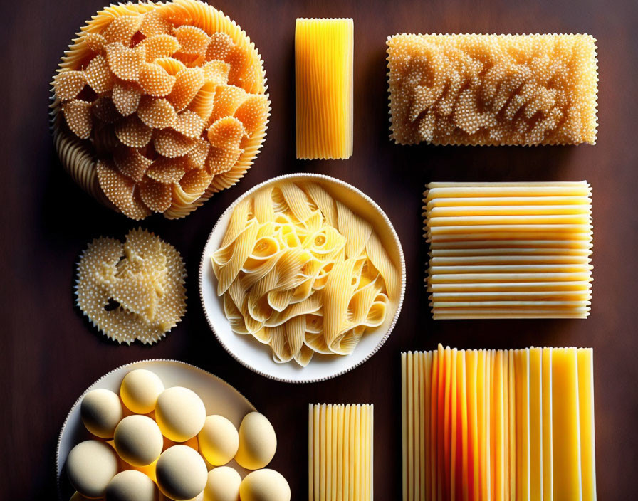Various uncooked pasta shapes on dark surface