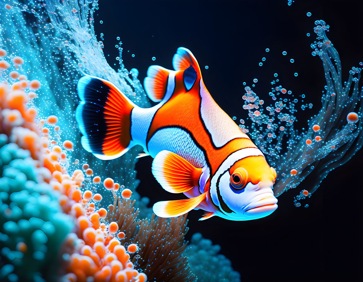 Colorful Clownfish Swimming Near Orange Coral in Deep Blue Aquatic Scene