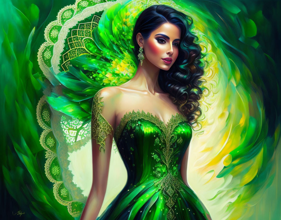 Illustrated woman with dark hair in green dress with peacock feather design