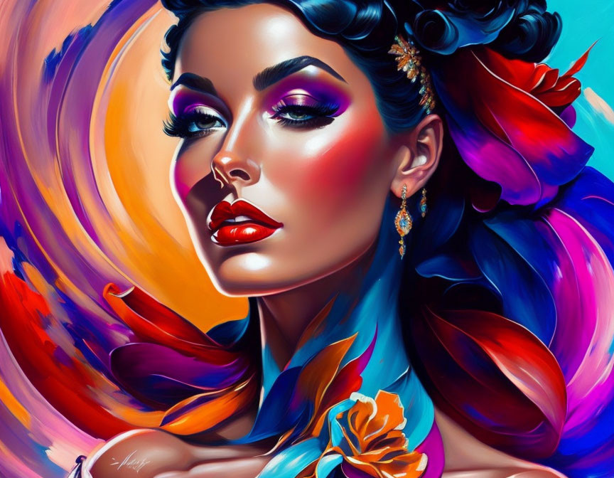 Colorful digital artwork of woman with dramatic makeup and flower in hair on abstract background