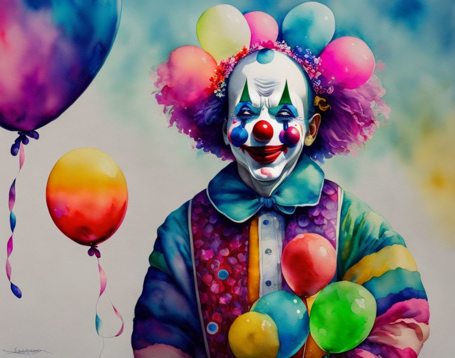 Vibrant Clown Painting with Colorful Balloons