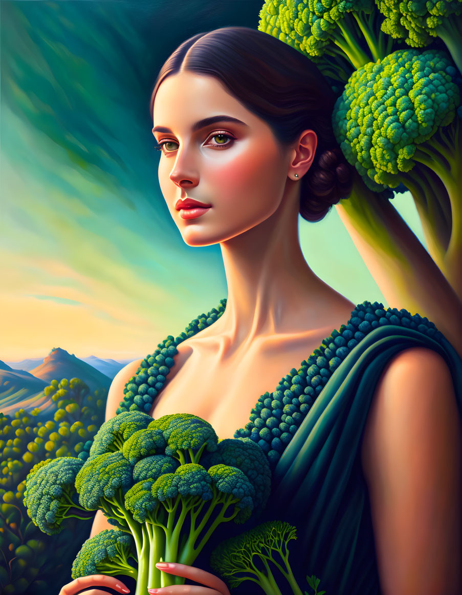 Surreal portrait of woman with broccoli in attire and serene expression