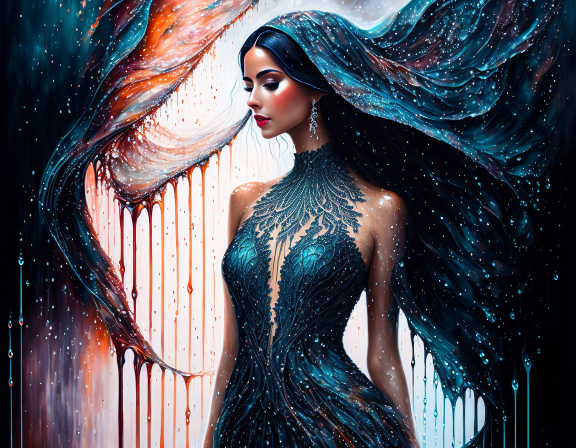 Woman in Elegant Gown Surrounded by Cosmic Colors