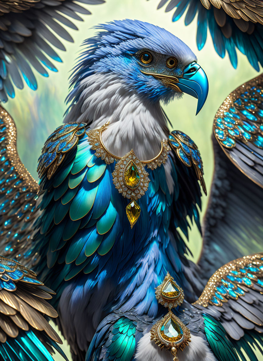 Majestic eagle with blue feathers and golden jewelry