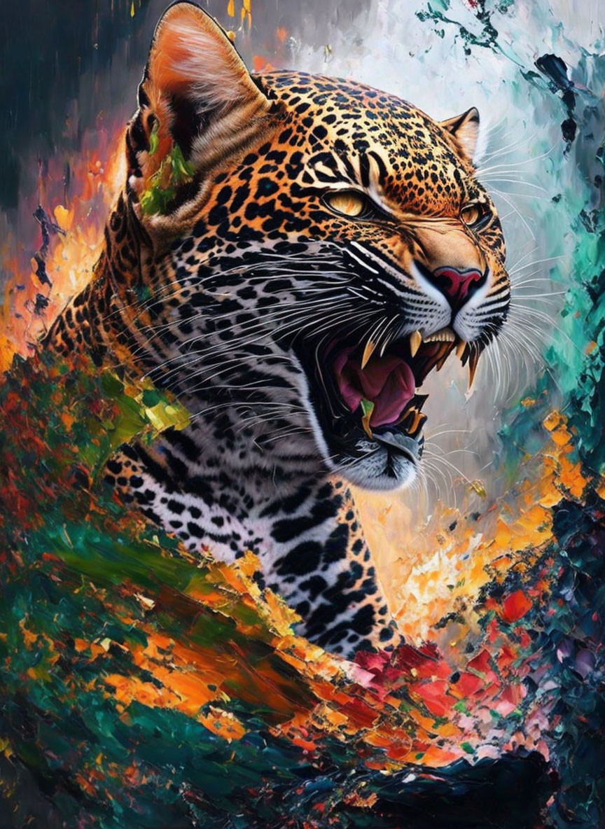 Colorful Roaring Jaguar Digital Artwork with Realistic Detail