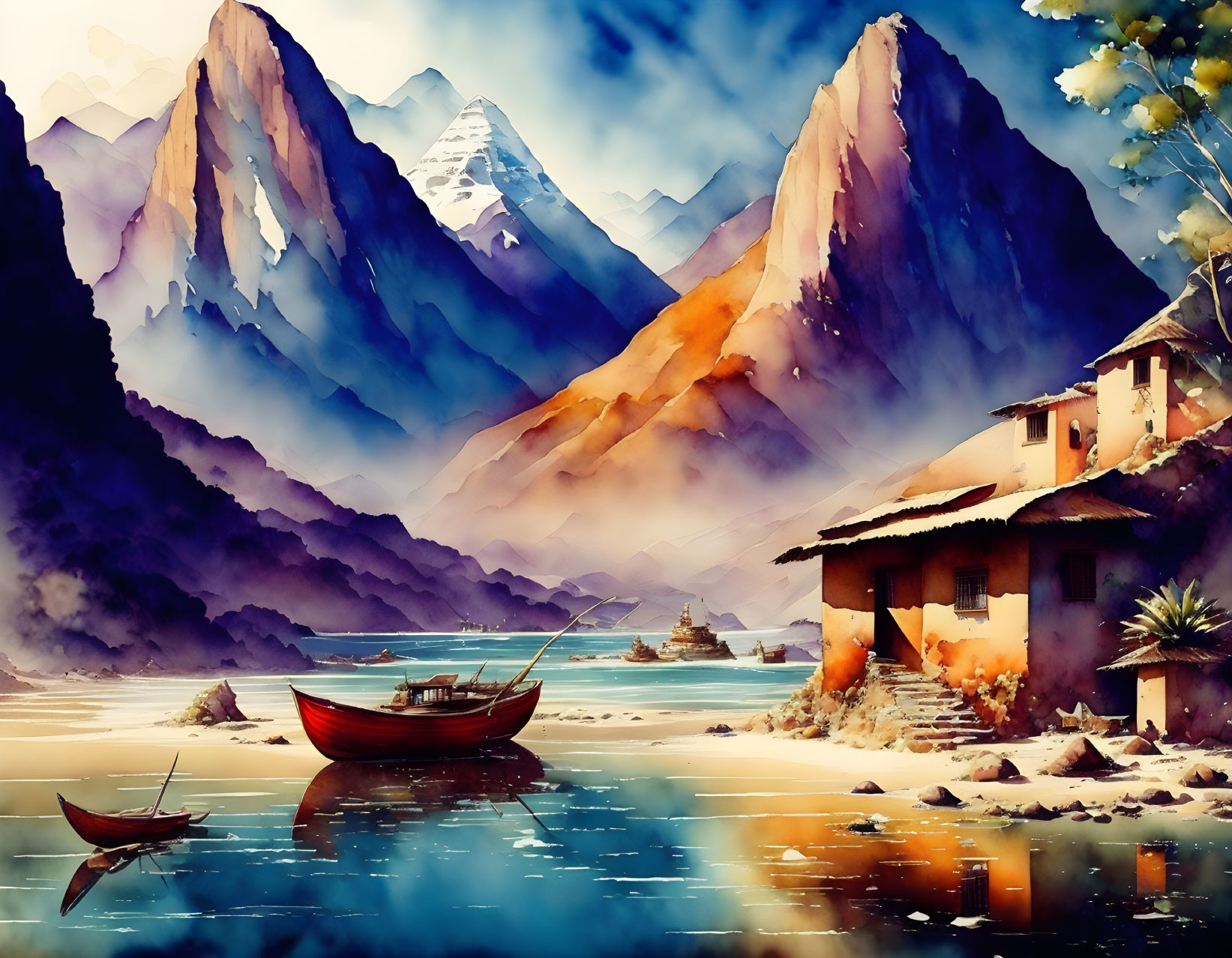 Scenic lakeside view with traditional house, boat, and misty mountains