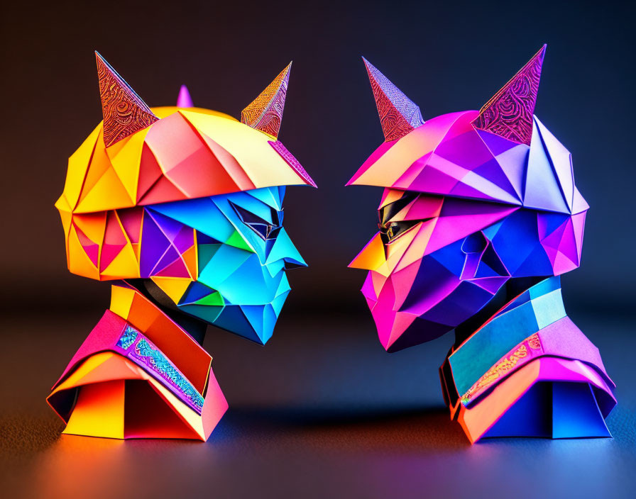 Colorful Origami Cat Sculptures Facing Each Other on Gradient Background