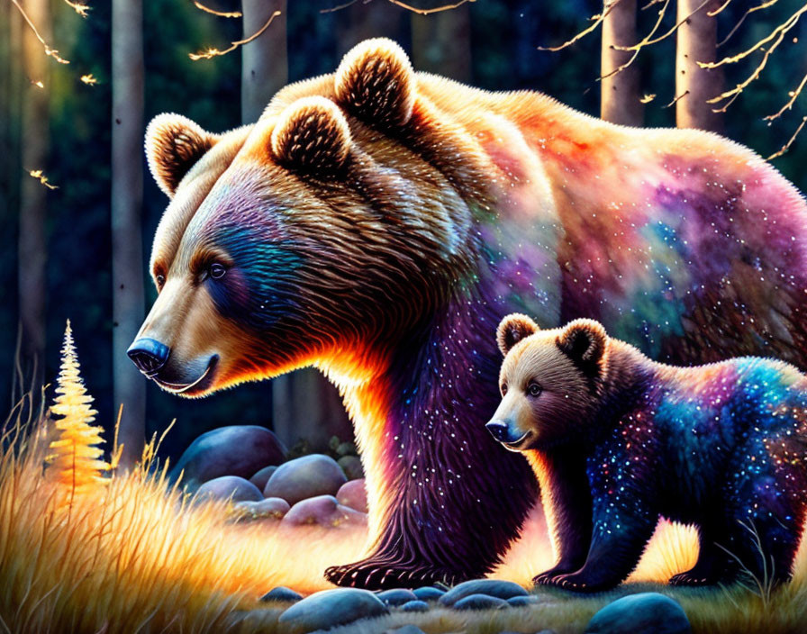 Mother Bear and Cub with Colorful Starry Fur in Twilight Forest