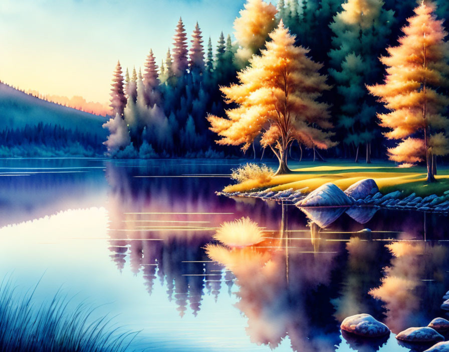 Colorful Dusk Sky Reflected in Tranquil Lakeside Scene