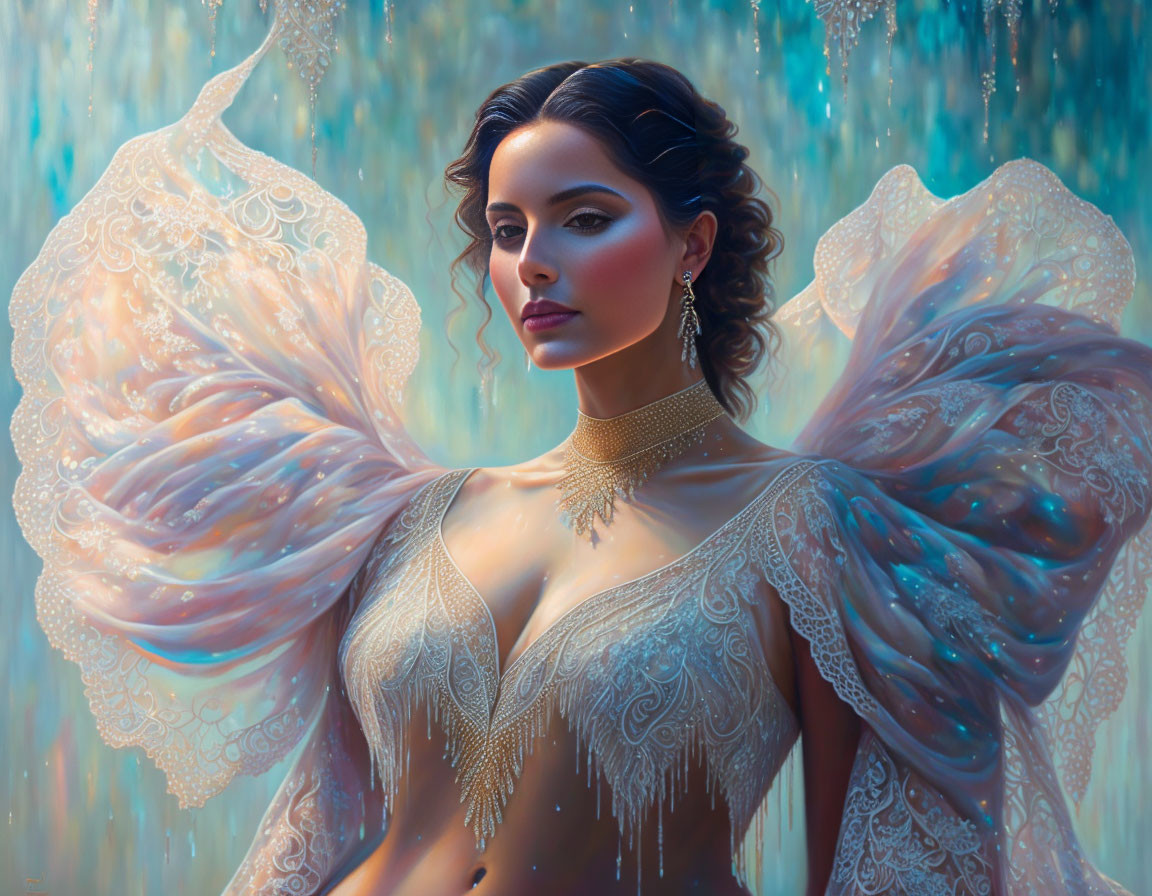 Digital painting of a woman with angelic wings and golden jewelry on aqua backdrop