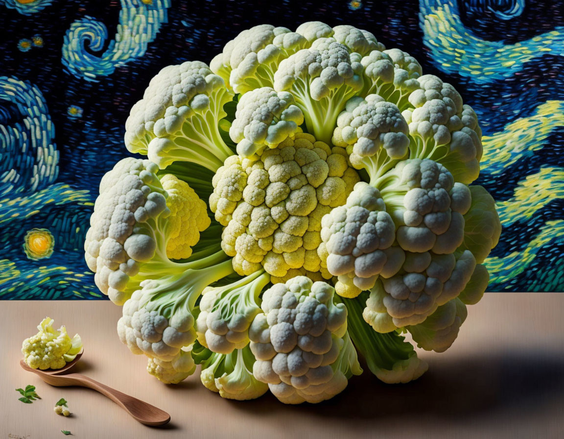Surreal painting: Romanesco broccoli on table with Starry Night background