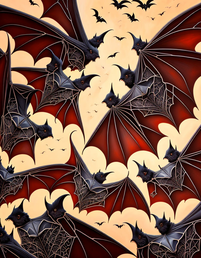Patterned Illustration of Stylized Bats on Warm Background