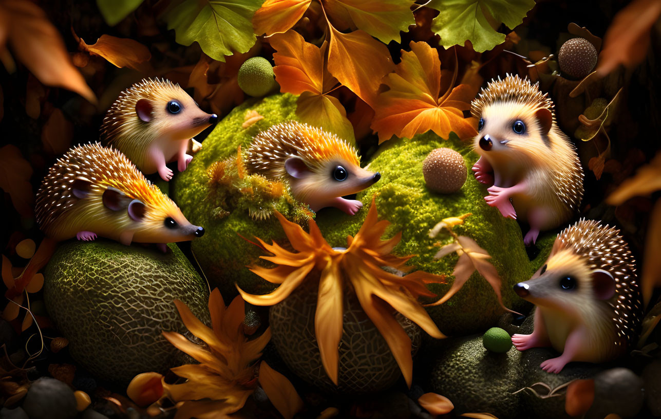 Illustrated hedgehogs in autumn scene with warm, magical lighting