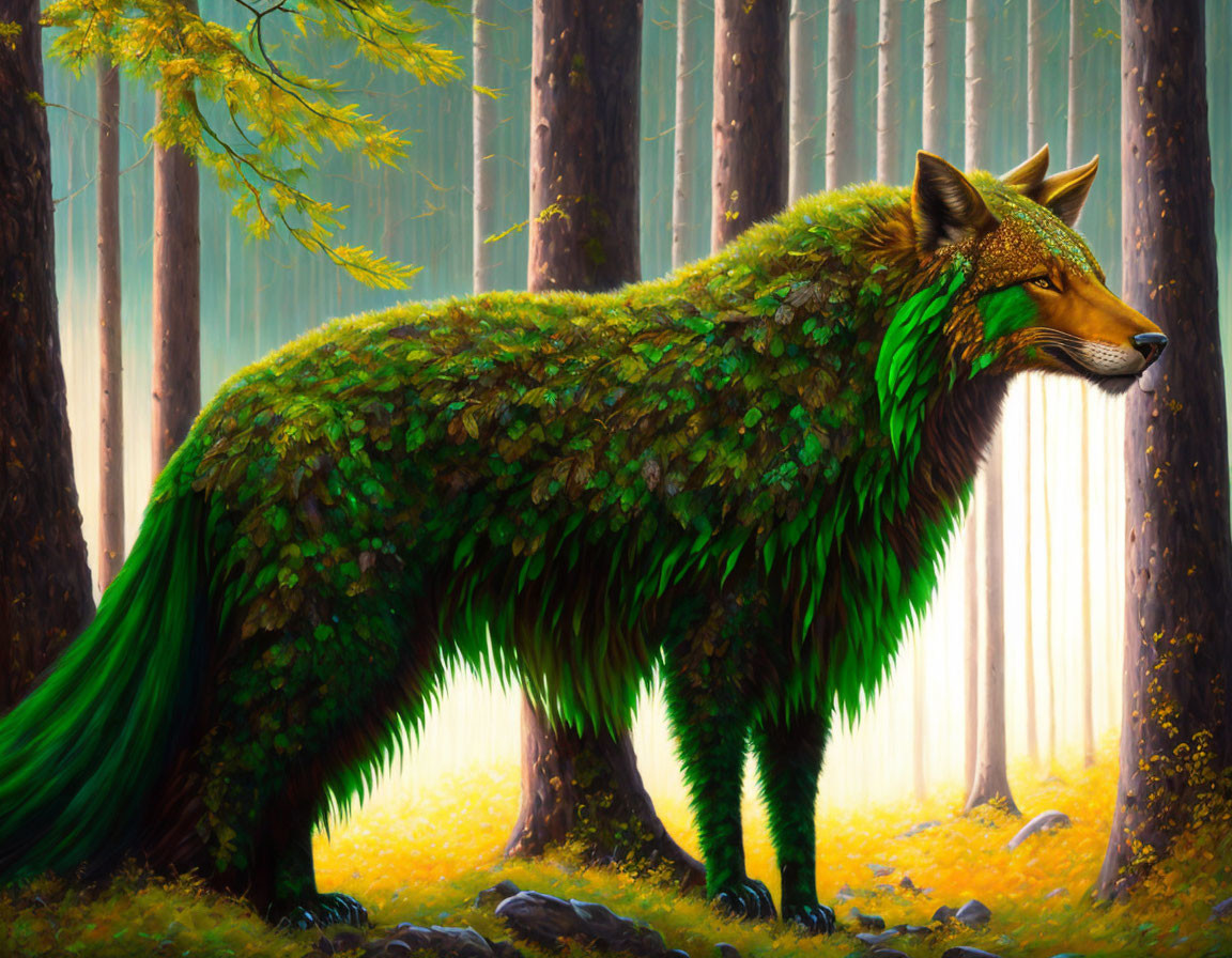 Oversized fox with green leaf-like coat in sunlit forest