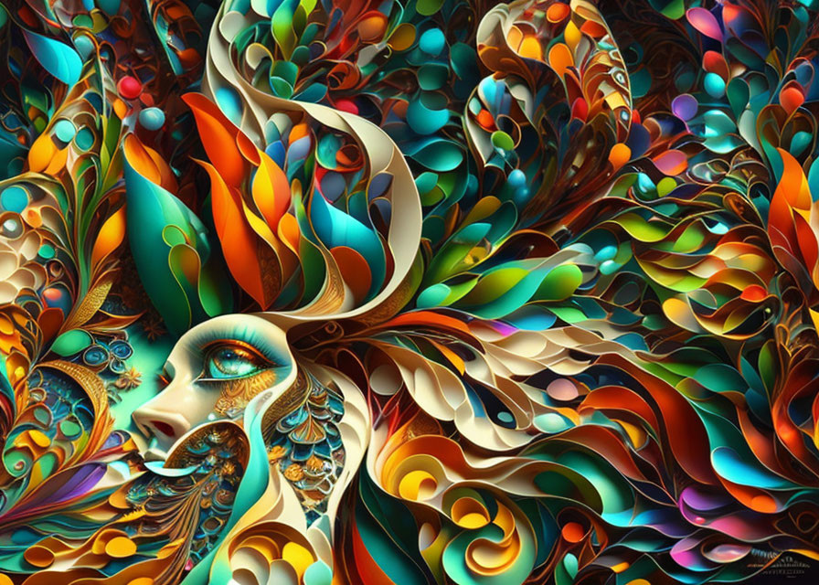 Colorful digital artwork: Woman's face in swirling leaf patterns