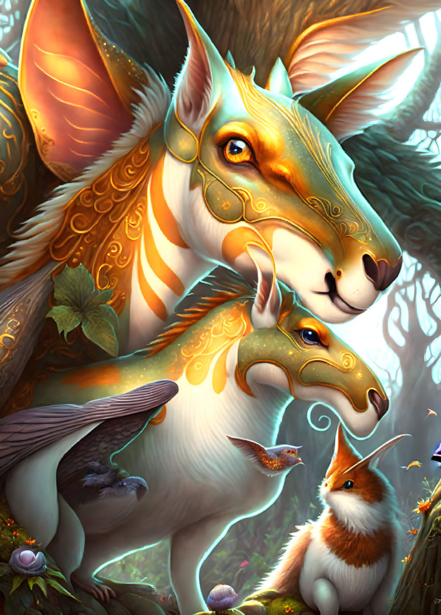 Golden-hued mystical creature with fox-like features in enchanted forest with smaller animals