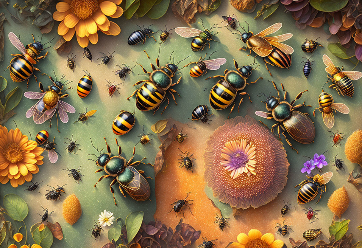 Detailed Illustration of Bees and Flowers in Warm Tones