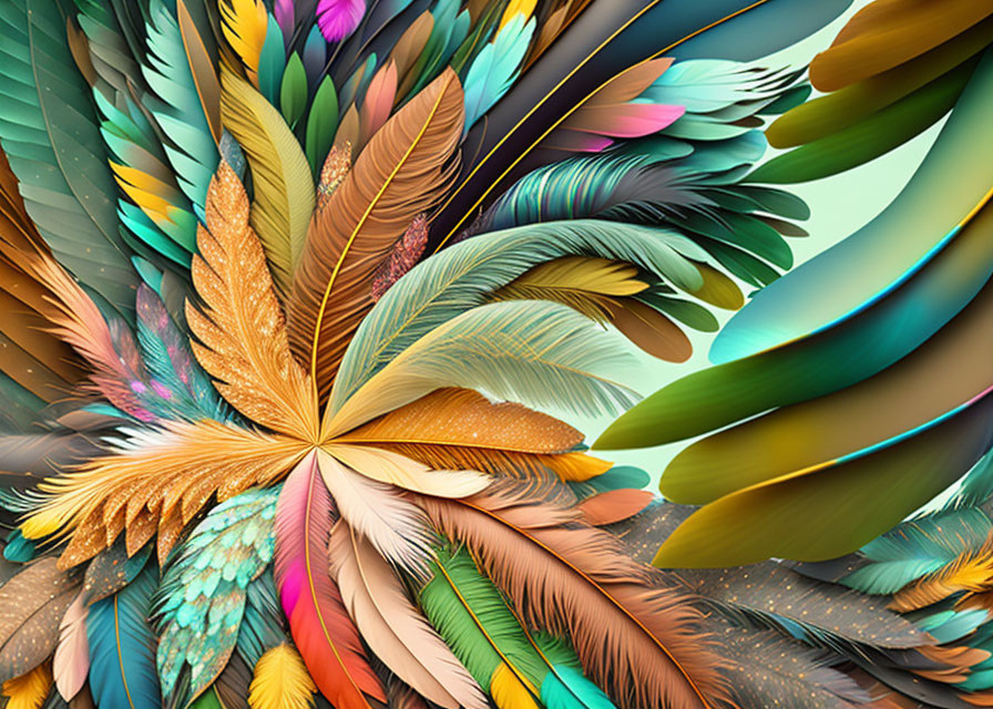 Vibrant abstract digital artwork with feather-like structures in orange, green, blue, and pink