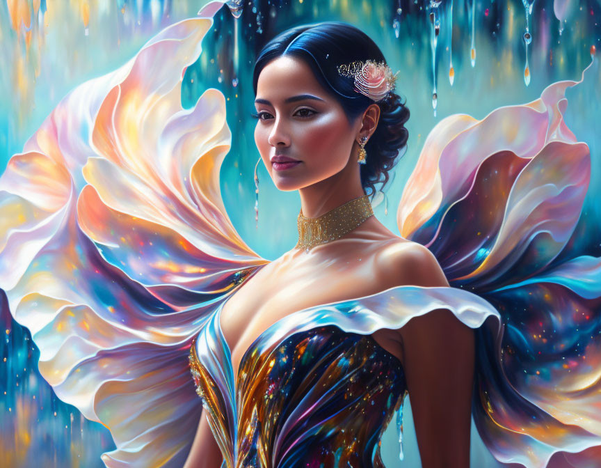Serenely dressed woman in cosmic-themed gown with iridescent wings