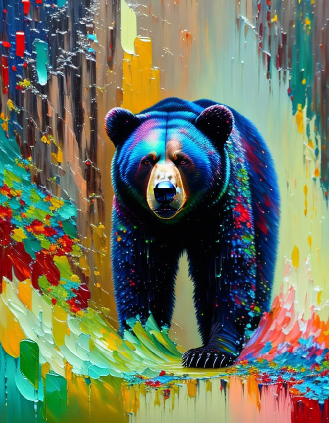 Colorful Bear Painting with Rainbow Spectrum Drip Effect