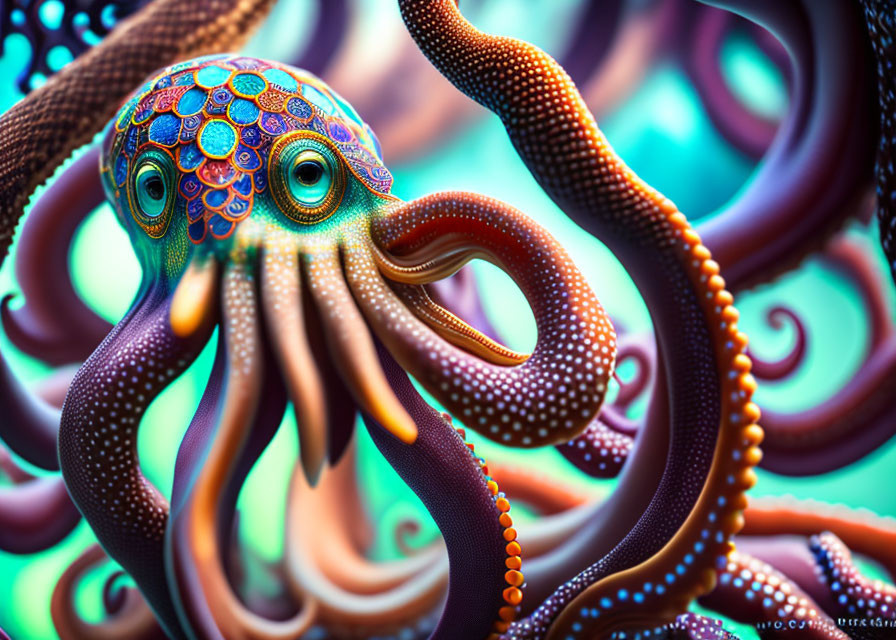 Vibrant digital octopus art with intricate patterns on swirling background