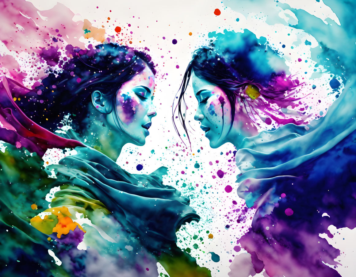 Artistic watercolor painting of two female figures in colorful swirls and ink droplets