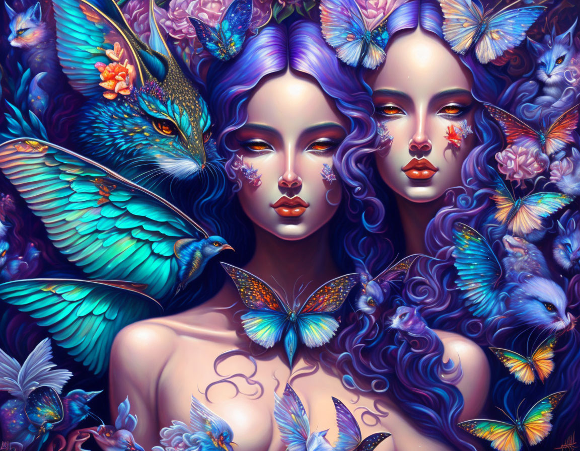 Fantasy Artwork: Two Women with Purple Hair Among Flowers and Butterflies