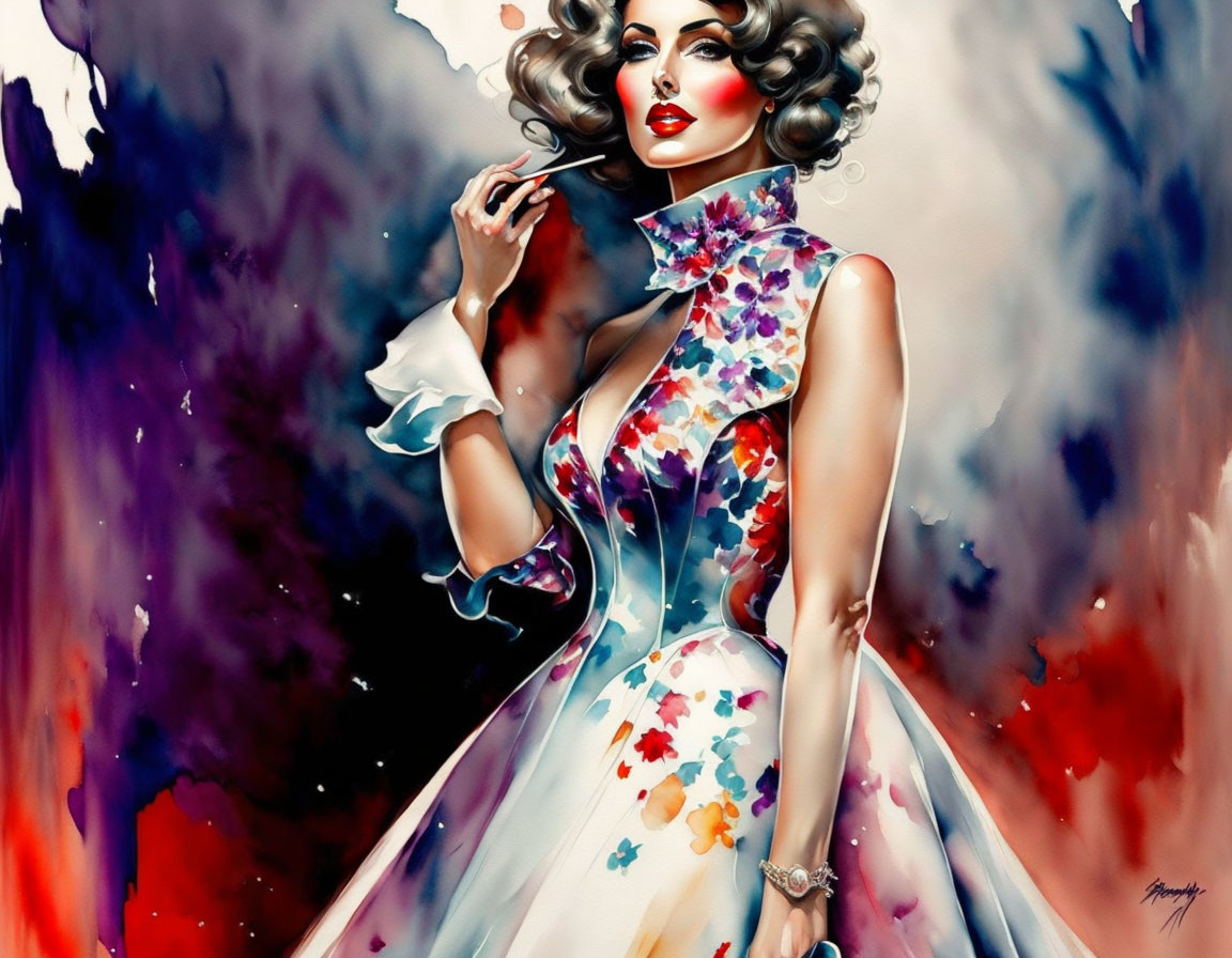 Glamorous woman with voluminous hair in floral dress posing elegantly