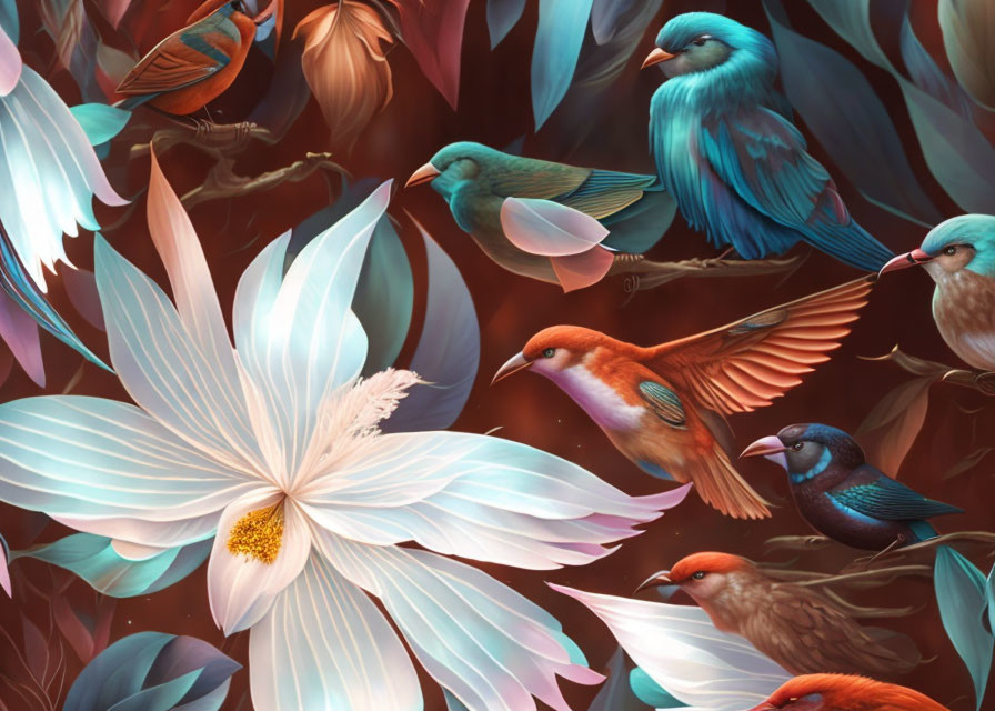 Vibrant Birds in Foliage with White Flower