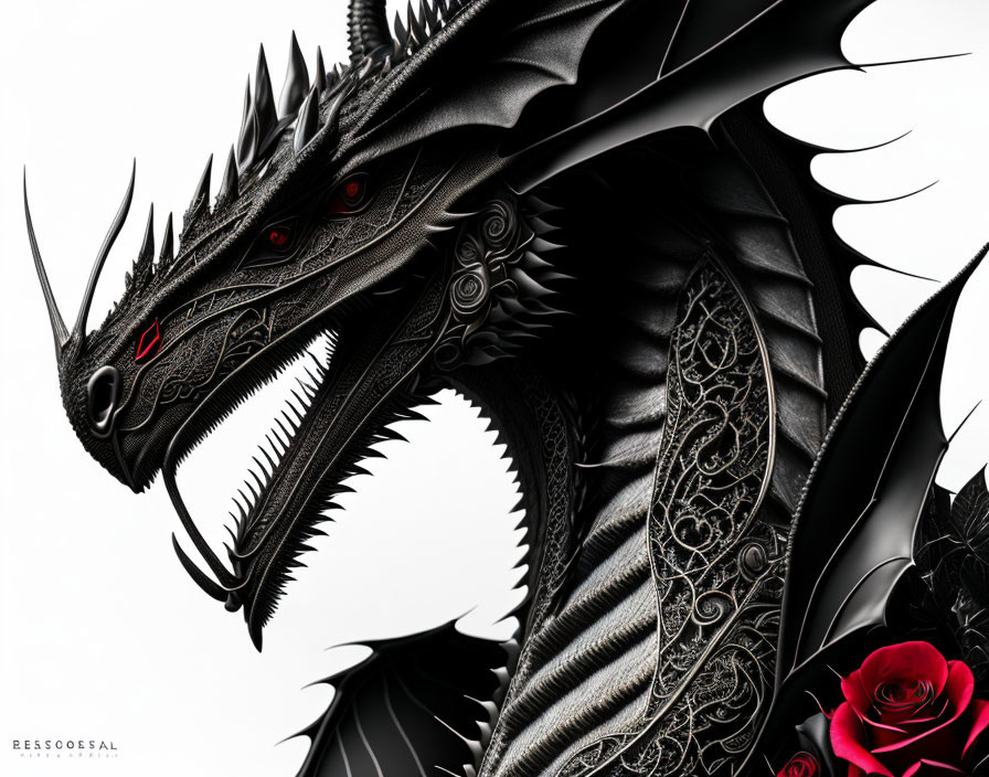 Detailed Illustration: Black Dragon with Red Eyes & Silver Scales Patterns, Red Rose
