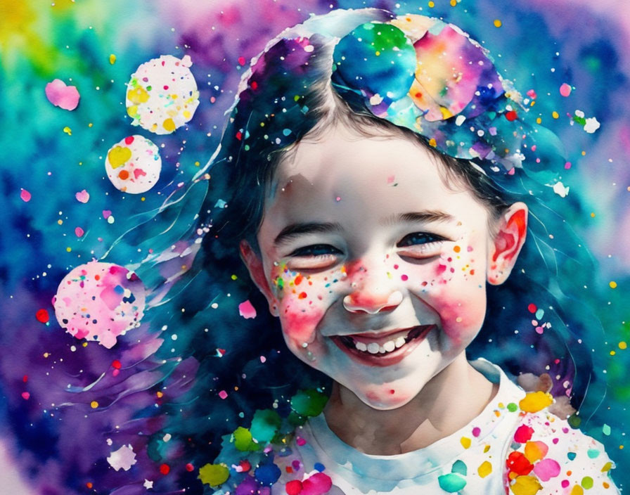 Colorful Watercolor Illustration of Joyful Young Girl Smiling