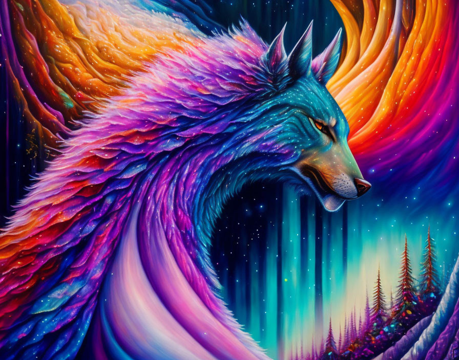 Colorful Majestic Wolf Artwork with Cosmic Mane and Starry Sky